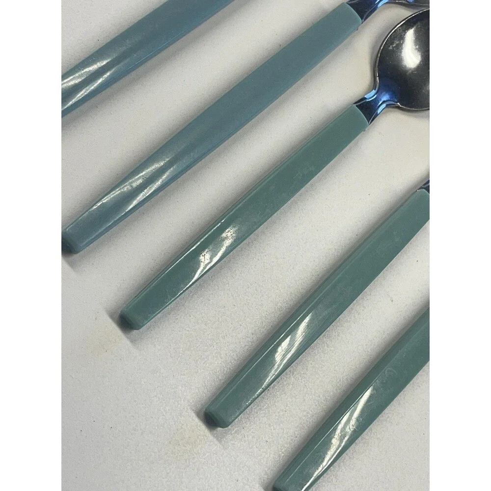 Vintage MCM carve Muffin Style Milky Blue Flatware Fork Spoon Lot Of 5